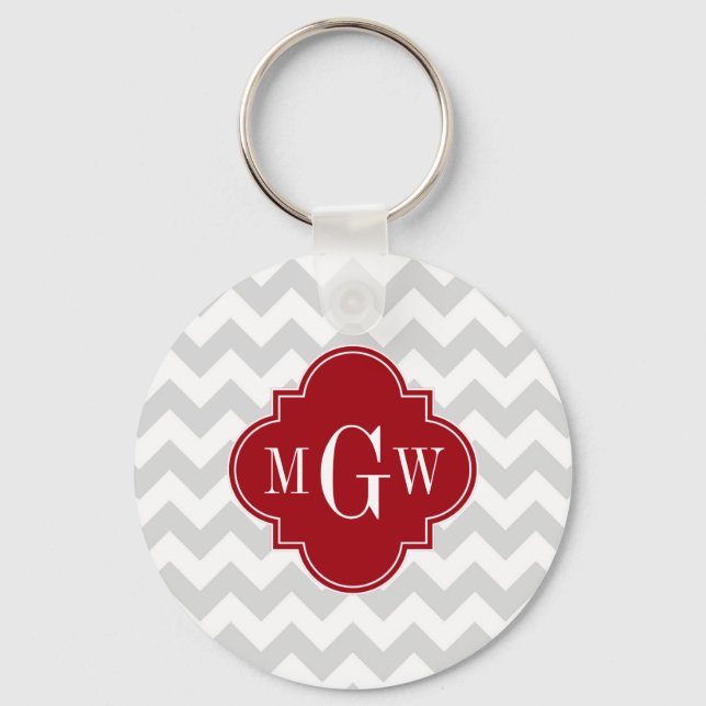 L Gray Wht Chevron Cranberry Quatrefoil 3 Monogram Key Ring (Front)