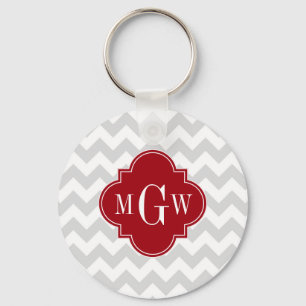 L Grey Wht Chevron Cranberry Quatrefoil 3 Monogram Key Ring
