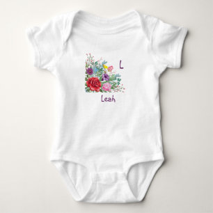 L Leah Personalise Letter Name, Rose Flowers Baby Bodysuit