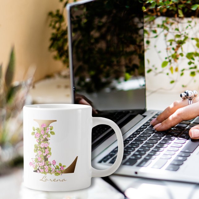 L Letter Gold Monogram | Pink Cherry Blossoms Large Coffee Mug (Creator Uploaded)