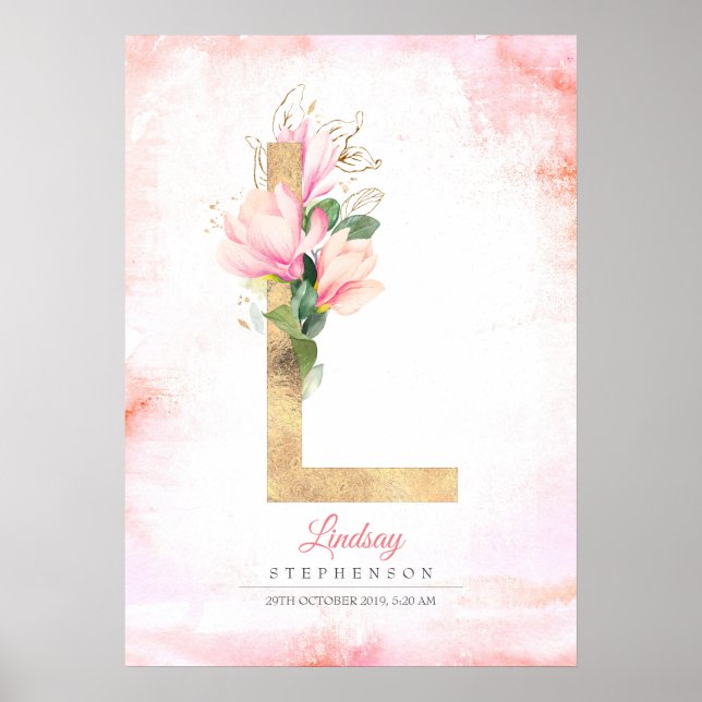 L Letter Monogram Gold Leaves Pink Magnolia Floral Poster (Front)