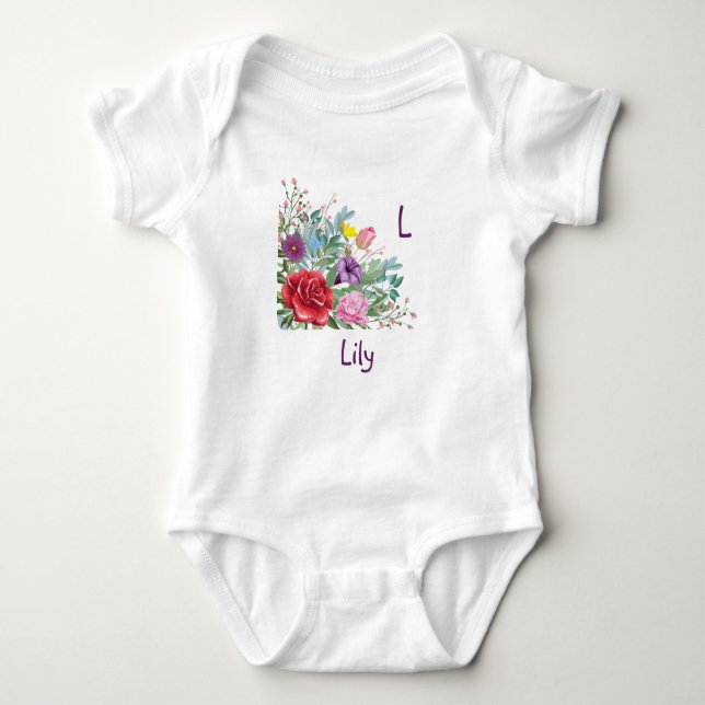 L Lily Personalise Letter Name, Rose Flowers Baby Bodysuit (Front)