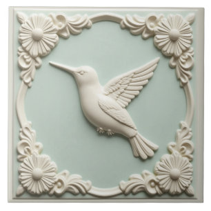 L Mint green faux relief Art Nouveau Hummingbird  Ceramic Tile