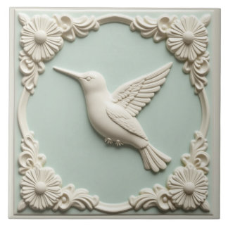 L Mint green faux relief Art Nouveau Hummingbird Ceramic Tile