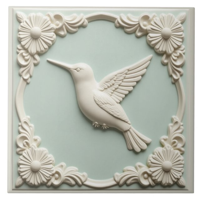 L Mint green faux relief Art Nouveau Hummingbird  Ceramic Tile (Front)