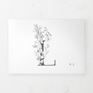 'L' Monogram Beautiful Sketched Floral Wedding Tri-Fold Invitation