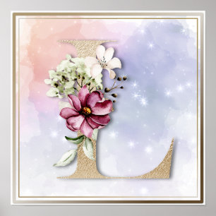 L Monogram Burgundy Floral Poster