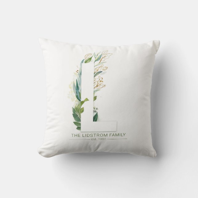 L Monogram Elegant Gold Greenery Family Name Cushion (Front)