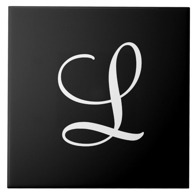 "L" Monogram Initial White on Black Ceramic Tile (Front)