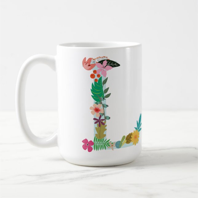 L Monogram Mug, Floral L Initial, Botanical Coffee Mug (Left)