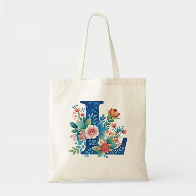 L Monogram ornate floral design Tote Bag (Front)