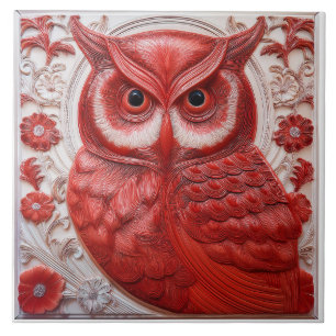 L red faux relief Art Nouveau Owl Ceramic Tile