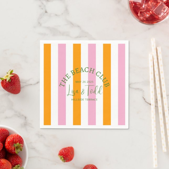 L&T The Beach Club Orange Pink Cabana Stripe Napkin (Insitu)