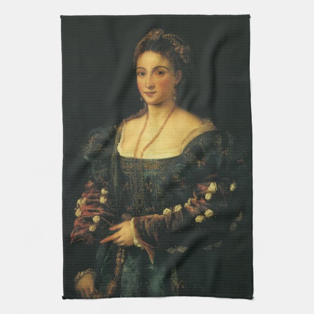 La Bella, Duchess of Urbino by Titian Tea Towel (Vertical)