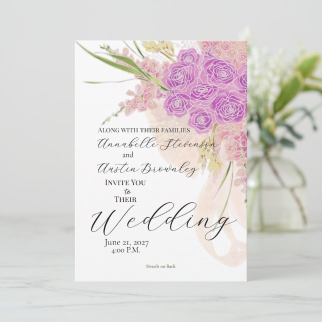 La Boca Rosa Sheer bow Bouquet Wedding Invitation (Standing Front)