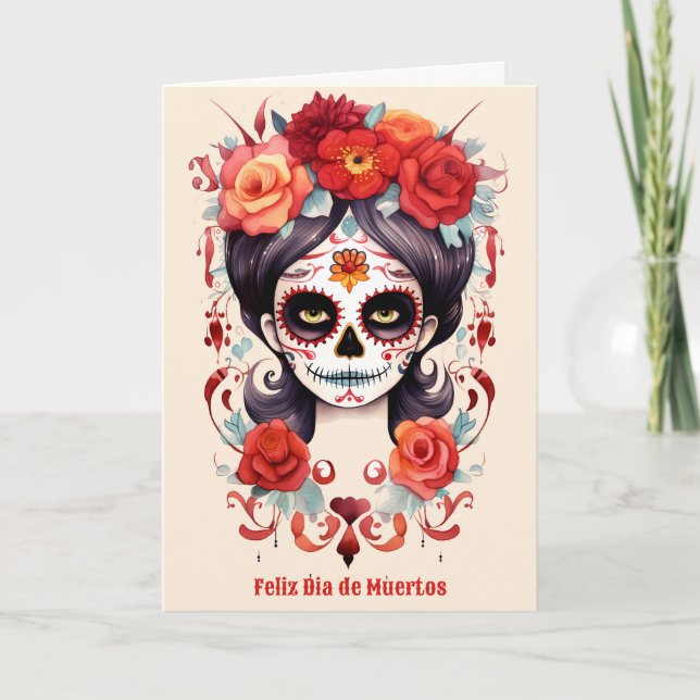 La Calavera Catarina en Flores Rojas Holiday Card (Front)