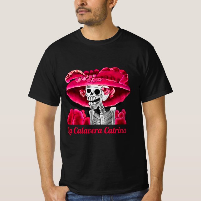 La Calavera Catrina in Red Bonnet T-Shirt (Front)