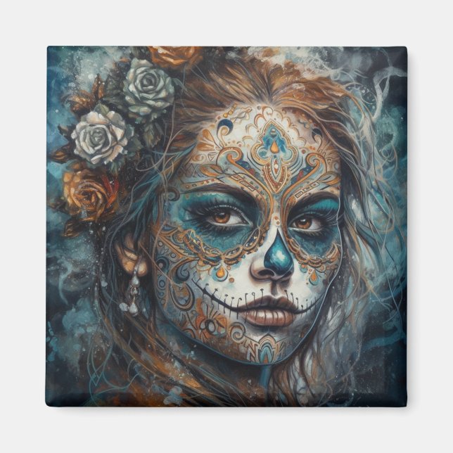 La Catrina Azul Dia de los Muertos Sugar Skull Magnet (Front)