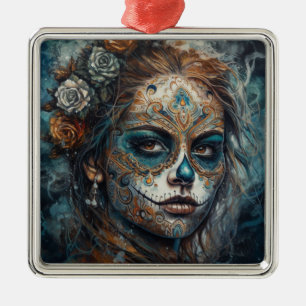 La Catrina Azul Dia de los Muertos Sugar Skull Metal Ornament