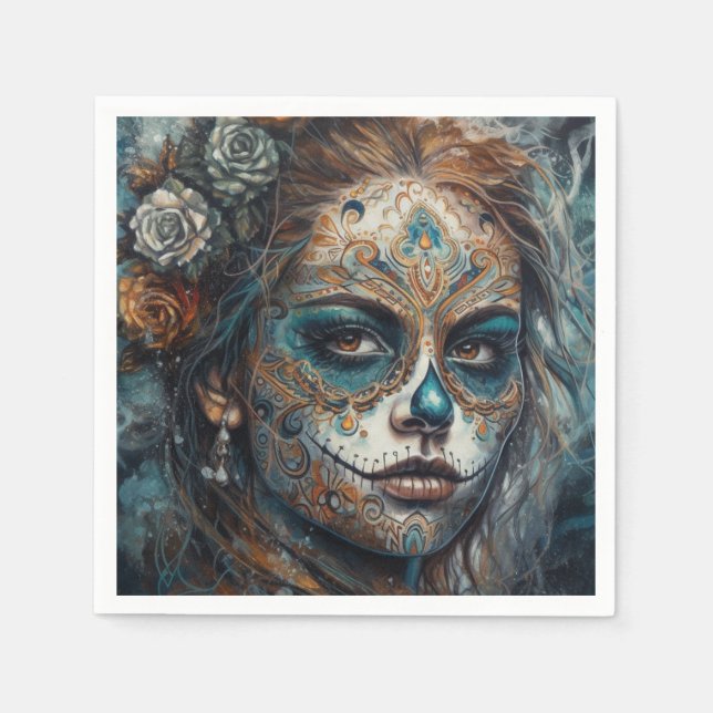 La Catrina Azul Dia de los Muertos Sugar Skull Napkin (Front)