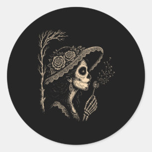 La Catrina Blowing Wishes Dandelion Vintage Funny Classic Round Sticker