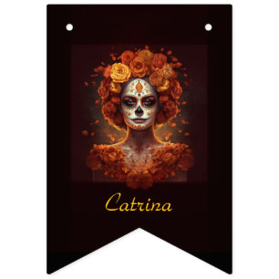 La Catrina Marigold Dia de los Muertos Sugar Skull Bunting