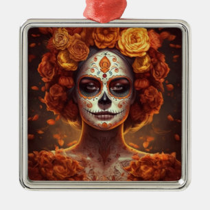La Catrina Marigold Dia de los Muertos Sugar Skull Metal Ornament