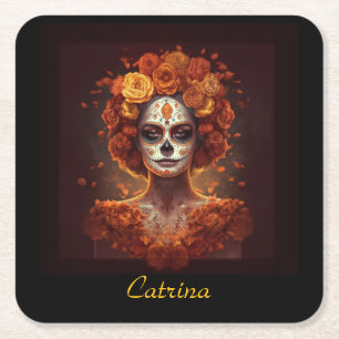 La Catrina Marigold Dia de los Muertos Sugar Skull Square Paper Coaster