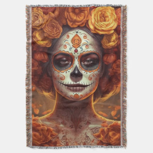 La Catrina Marigold Dia de los Muertos Sugar Skull Throw Blanket