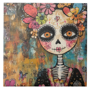 La Catrina Skeleton With Flower Crown Ceramic Tile
