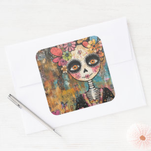 La Catrina Skeleton With Flower Crown Square Sticker