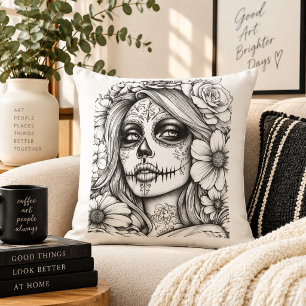 La Catrina Sugar Skull Woman Day of the Dead Flora Cushion