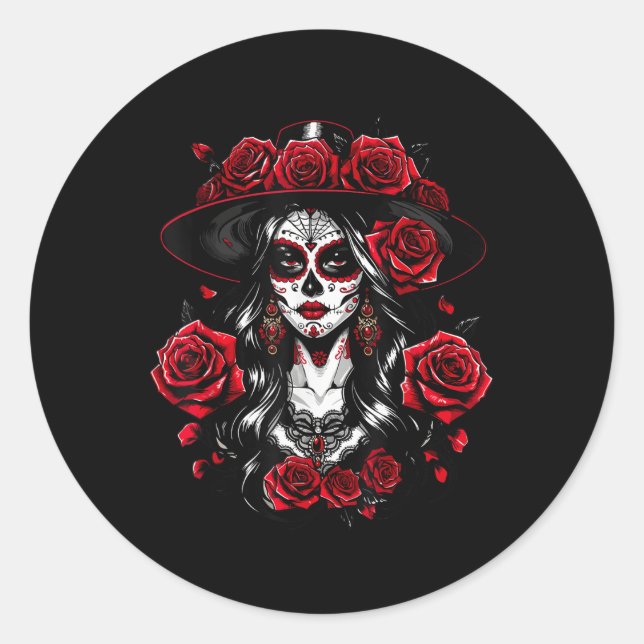 La Catrina Women Dia De Los Muertos Latina Cinco D Classic Round Sticker (Front)