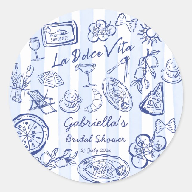 La dolce vita blue stripes Italian bridal shower Classic Round Sticker (Front)