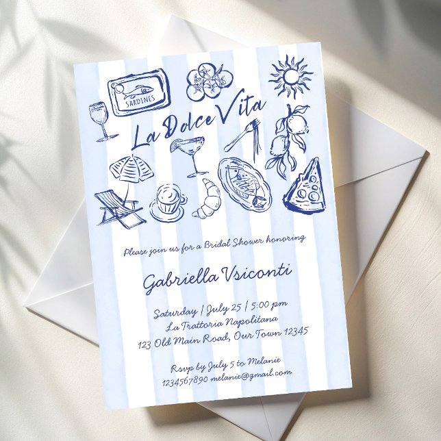 La dolce vita blue stripes Italian bridal shower Invitation (La dolce vita blue stripes Italian bridal shower Invitation cards template blue stripes hand drawn)