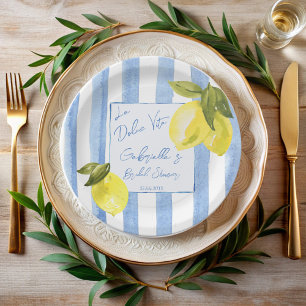 La Dolce Vita blue stripes lemons bridal shower Paper Plate