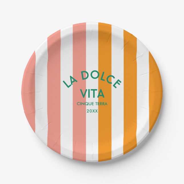 La Dolce Vita Cinque Terra Cabana Stripe Round Paper Plate (Front)