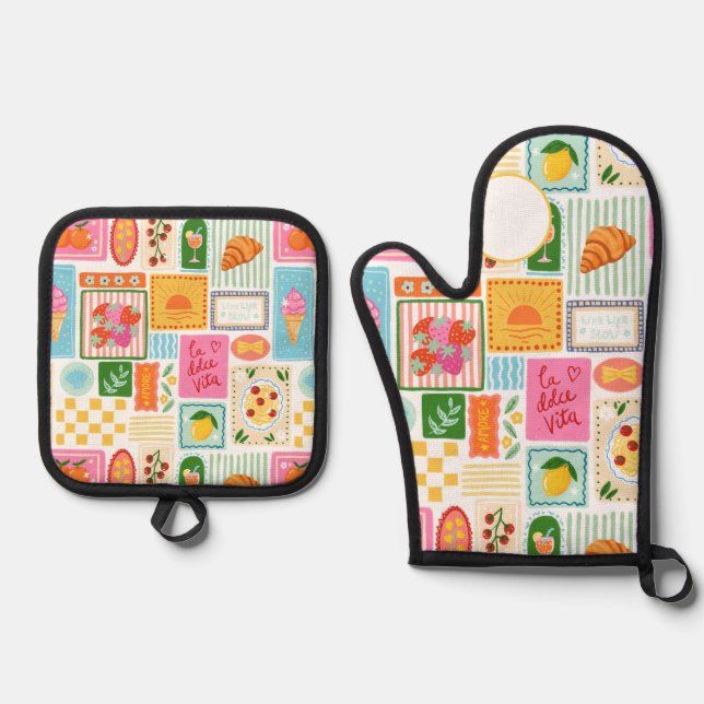 La Dolce Vita Italian French Lemons Food Colourful Oven Mitt & Pot Holder Set (Front)