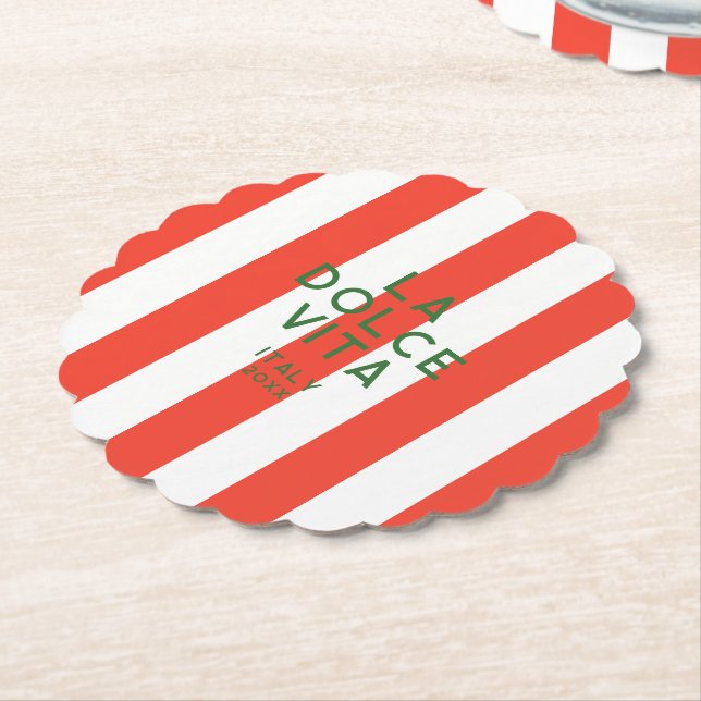 La Dolce Vita Italy Red Cabana Stripes Paper Coaster (Angled)