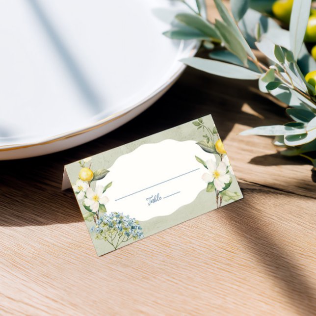 La Dolce Vita Lemon Floral Folded Place Card (Floral place cards that guide guests and add charm to your wedding reception.)