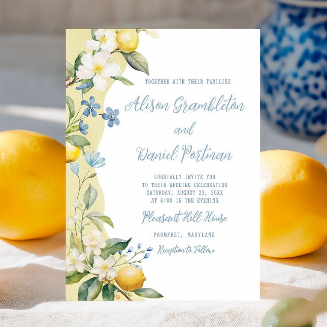 La Dolce Vita Lemon Floral Wedding Invitation (Celebrate your big day with this lemon and wildflower invite inspired by vibrant Italian living.)