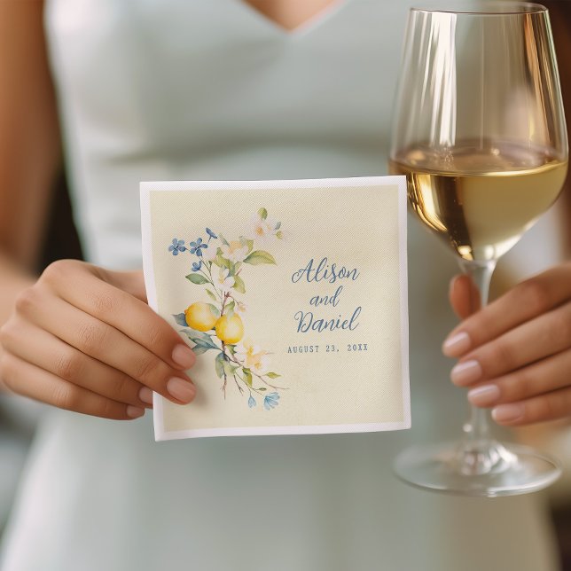 La Dolce Vita Lemon Floral Wedding Napkins (Elegant lemon branch napkins that bring charm to drinks and appetizers.)