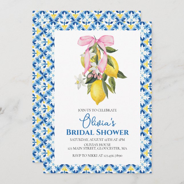 La Dolce Vita Lemon Pink Bow Bridal Shower Invitation (Front/Back)