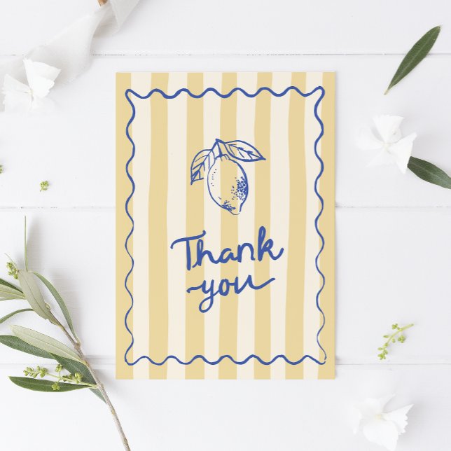 La Dolce Vita Lemons Italian Bridal Shower Thank You Card (Bridal Shower Thank You card with yellow striped background, wavy border and lemon illustration)