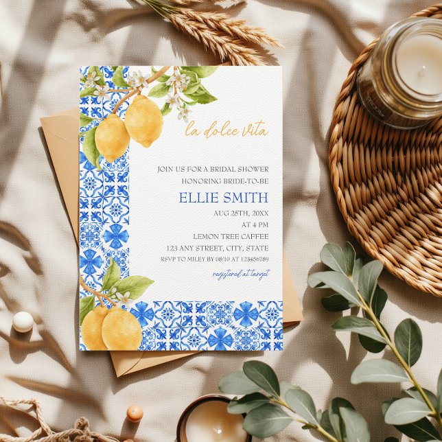 La Dolce Vita | Mediterranean Lemon Bridal Shower  Invitation (La dolce Vita Bridal Shower Mediterranean Tiles Lemons Blue White and Yellow)