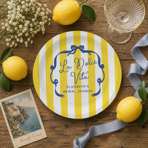 La Dolce Vita Yellow Stripe Bridal Shower Paper Plate