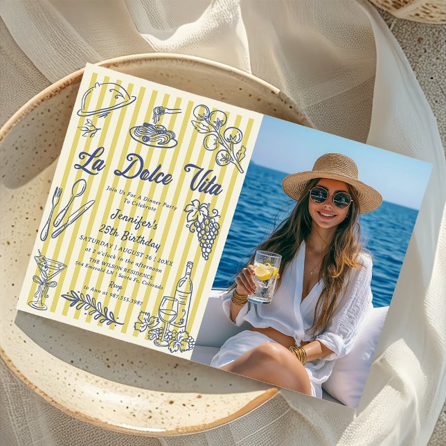 La Dolce Vita Yellow Stripes Italian Dinner Photo  Invitation (Creator Uploaded)