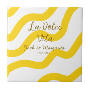 La Dolce Vita yellow wedding couple Name date glit Ceramic Tile