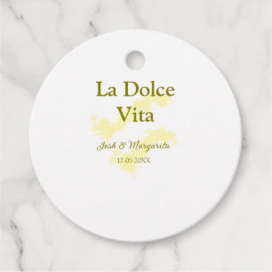 La Dolce Vita yellow wedding couple Name date glit Favour Tags