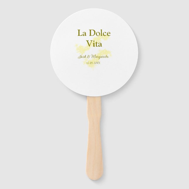 La Dolce Vita yellow wedding couple Name date glit Hand Fan (Front)